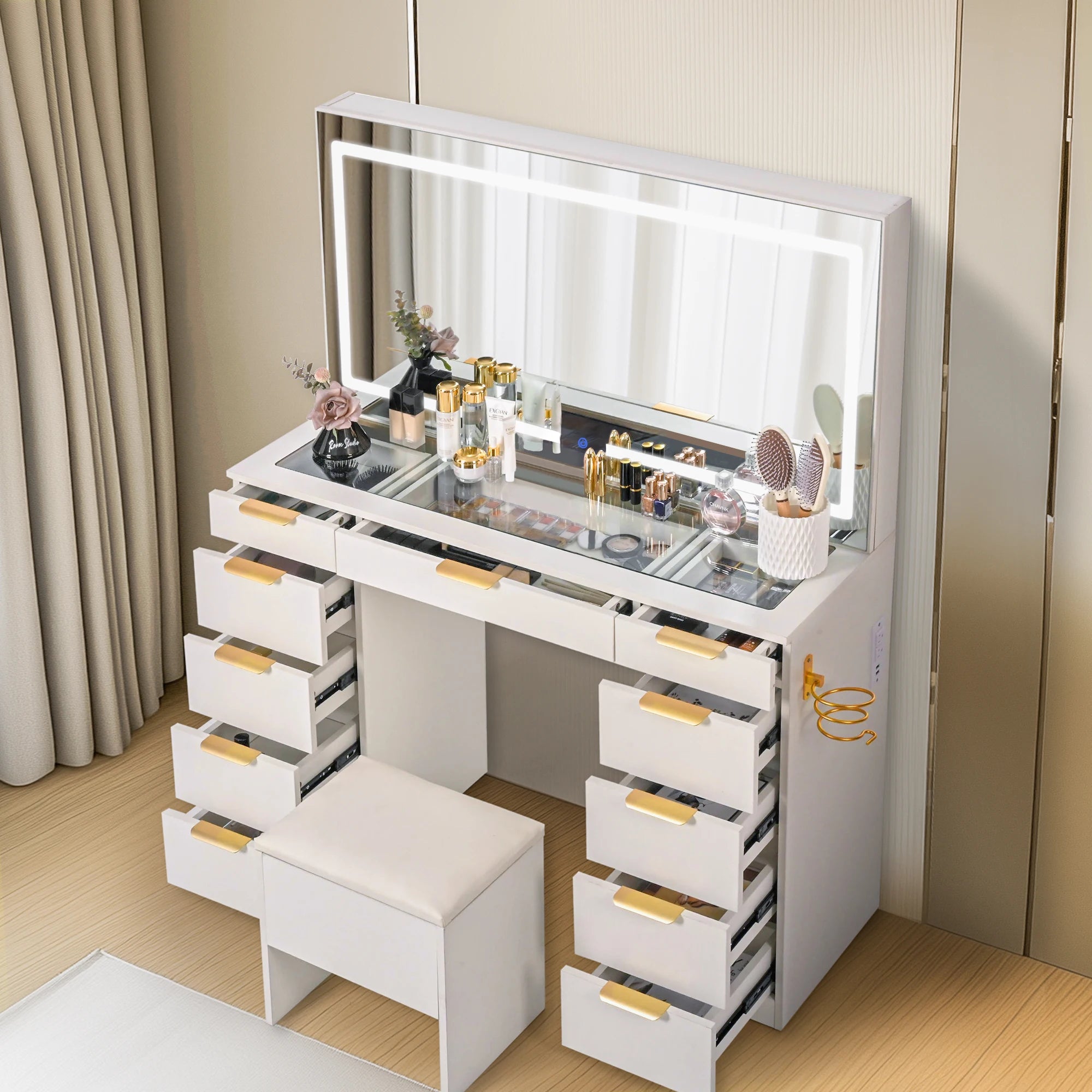 11 Drawers Vanity Desk with Golden Handles, Upgraded Silent Slides Vanity Mirror with Lights, 3 Lighting Modes Glass Top Makeup