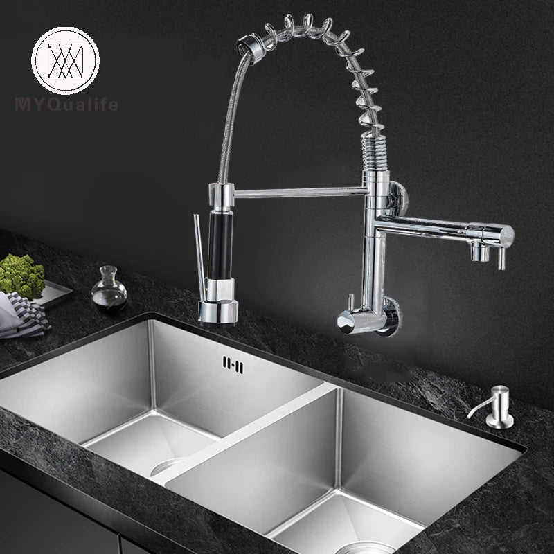 Chrome Black Pull Down Kitchen Faucet Single Cold Water Dual Swive Spout Mixer Wall Mounted Faucet 360 Rotation Bathroom Tap