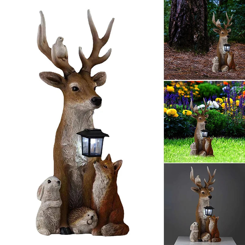 Deer Statue with Solar Light, Hand Painted Animals, Resin Ornament, Outdoor Garden, Courtyard, Street Lighting Decoration