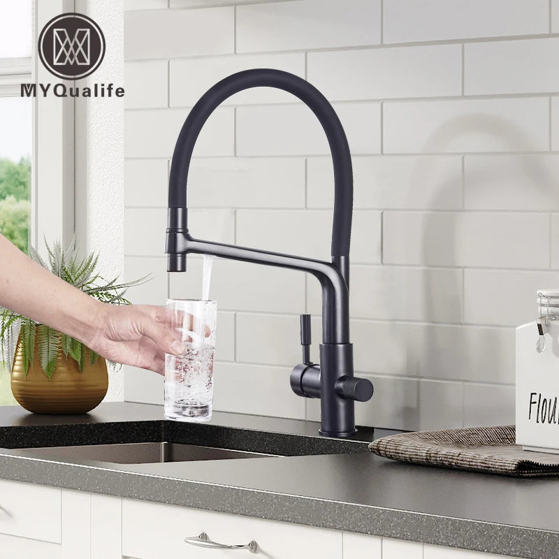 Matte Black Kitchen Sink Faucet Tap Pure Water Filter Mixer Crane Dual Handles Purification Kitchen Hot and Cold Water Tap