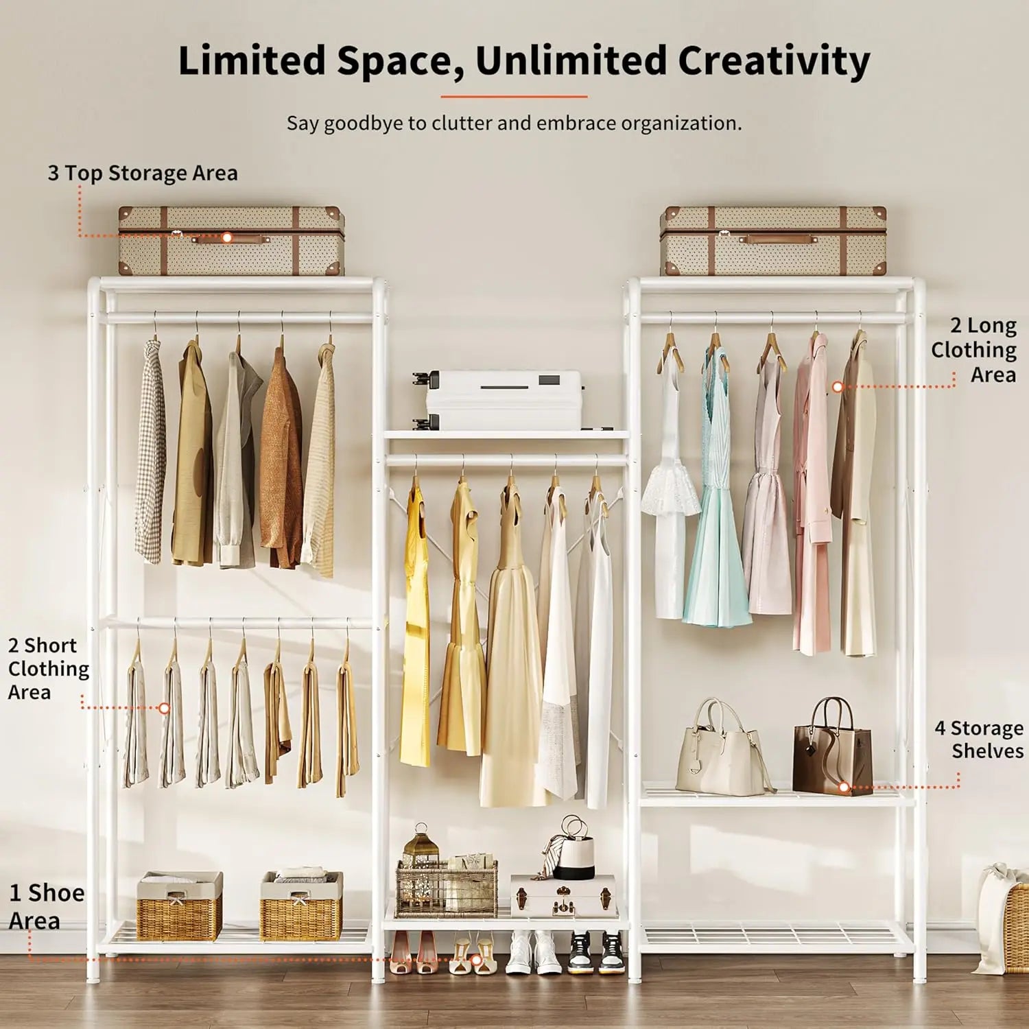 Joiscope Wardrobe Closet Organizer, Heavy Duty Clothes Rack, Closet System With 4 Closet Rods & 5 Closet Shelves, Adjustable