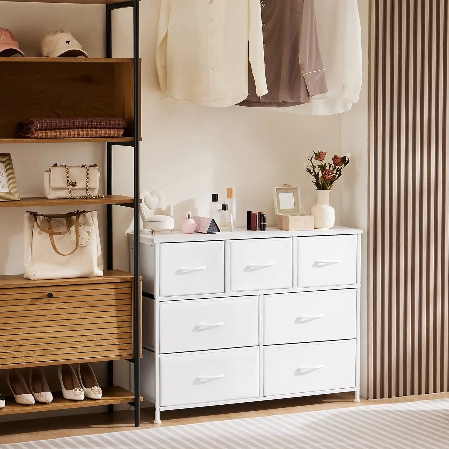 Dressers with 7 Fabric Drawers, Drawer Cabinet, Organization Furniture for Kitchen, Office, Hallway, White