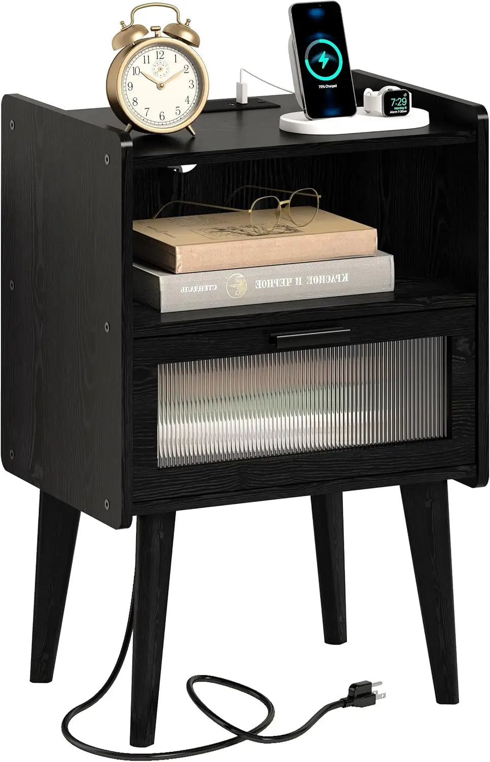 Nightstand with Charging Station, Black Wood Grain Bedside Tables, Modern End Table, Side Table with 2 Tiers Storage Space for B