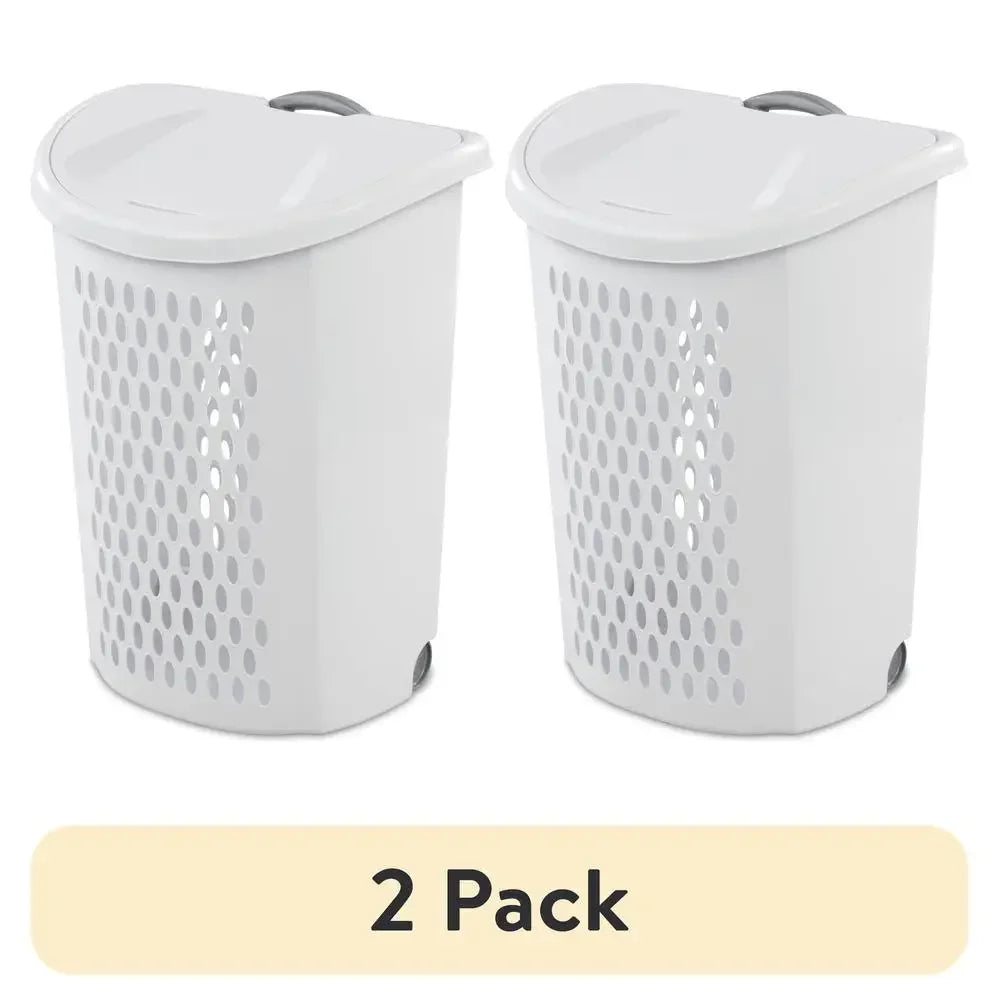 Set of 2 Ultra™ Wheeled Laundry Hampers White Plastic 20"x15"x26" Storage Solution Transport Clothes Easy Grip Handles Flip-Top