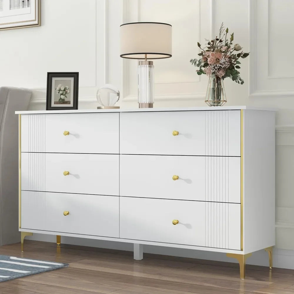 6 Drawer Double Dresser with Modern Faces, Wood Dresser Chest with Decor Drawers and Golden Handles, Storage Chest of Drawers
