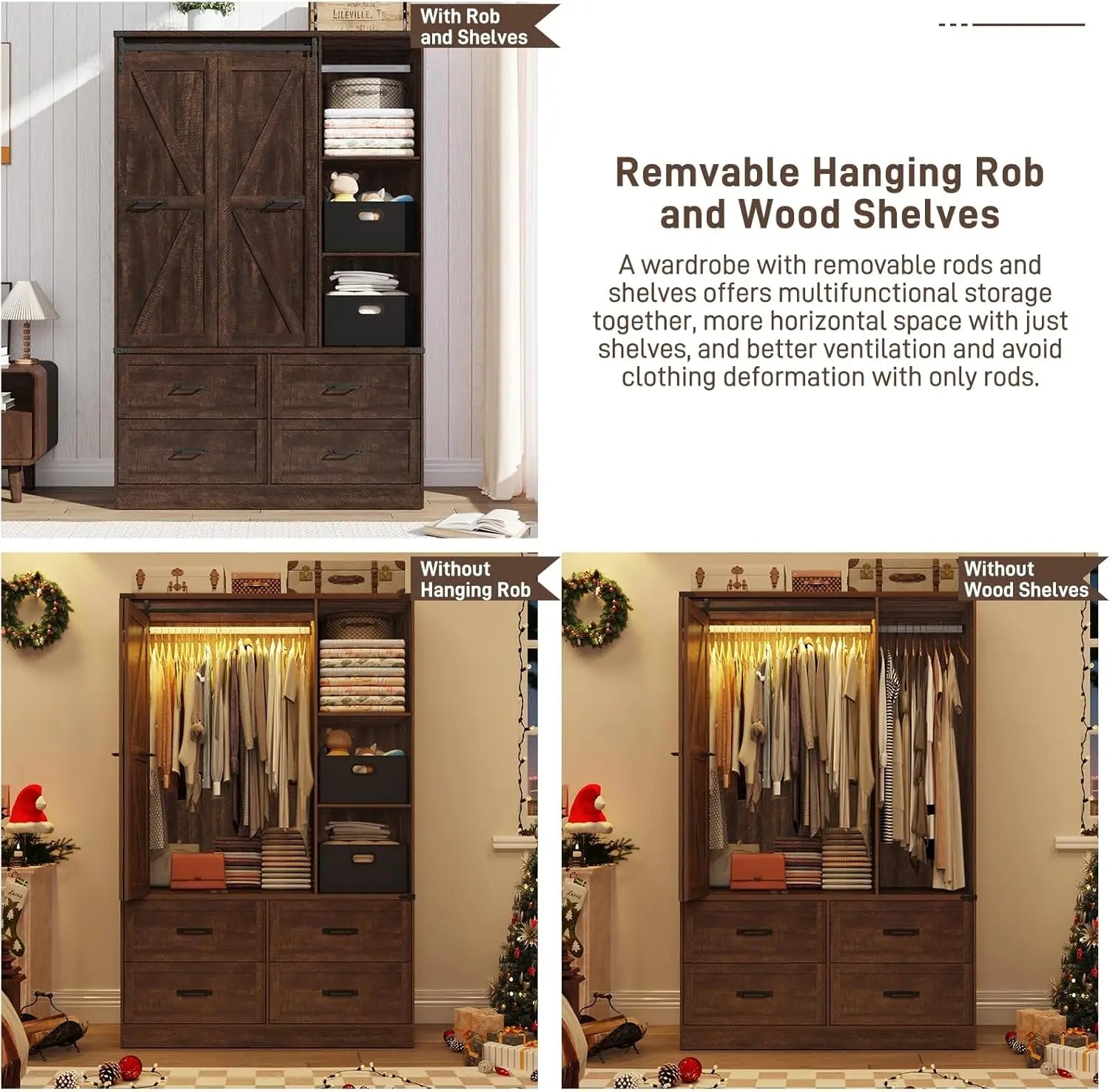Farmhouse 3-Door Armoire w/Folding Barn Door & LED Lights, Drawers & Hanging Rod - Rustic Brown Wooden Wardrobe