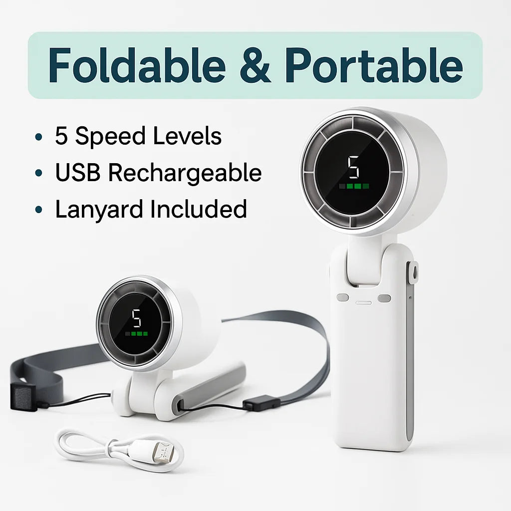Foldable 3600mAh 5 Speed Portable Fan with Lanyard, USB Rechargeable H