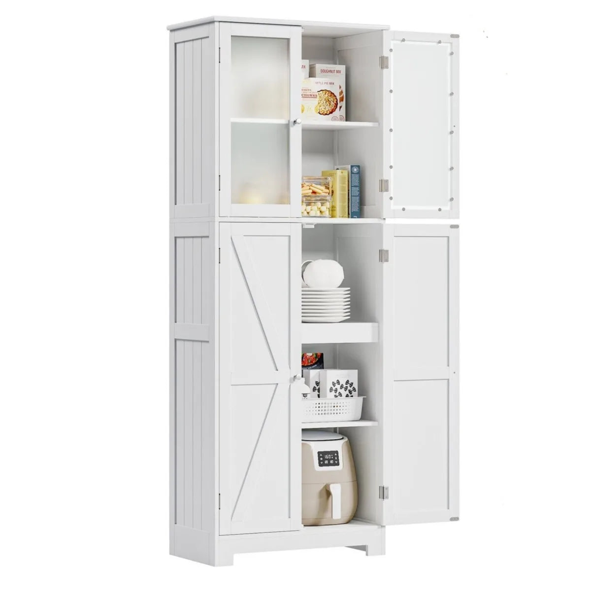 Bathroom wardrobe White, Bathroom wardrobe with 4 Doors and 6 Compartments, High wardrobe Kitchen wardrobe for bathroom, living room, Dining Room, B