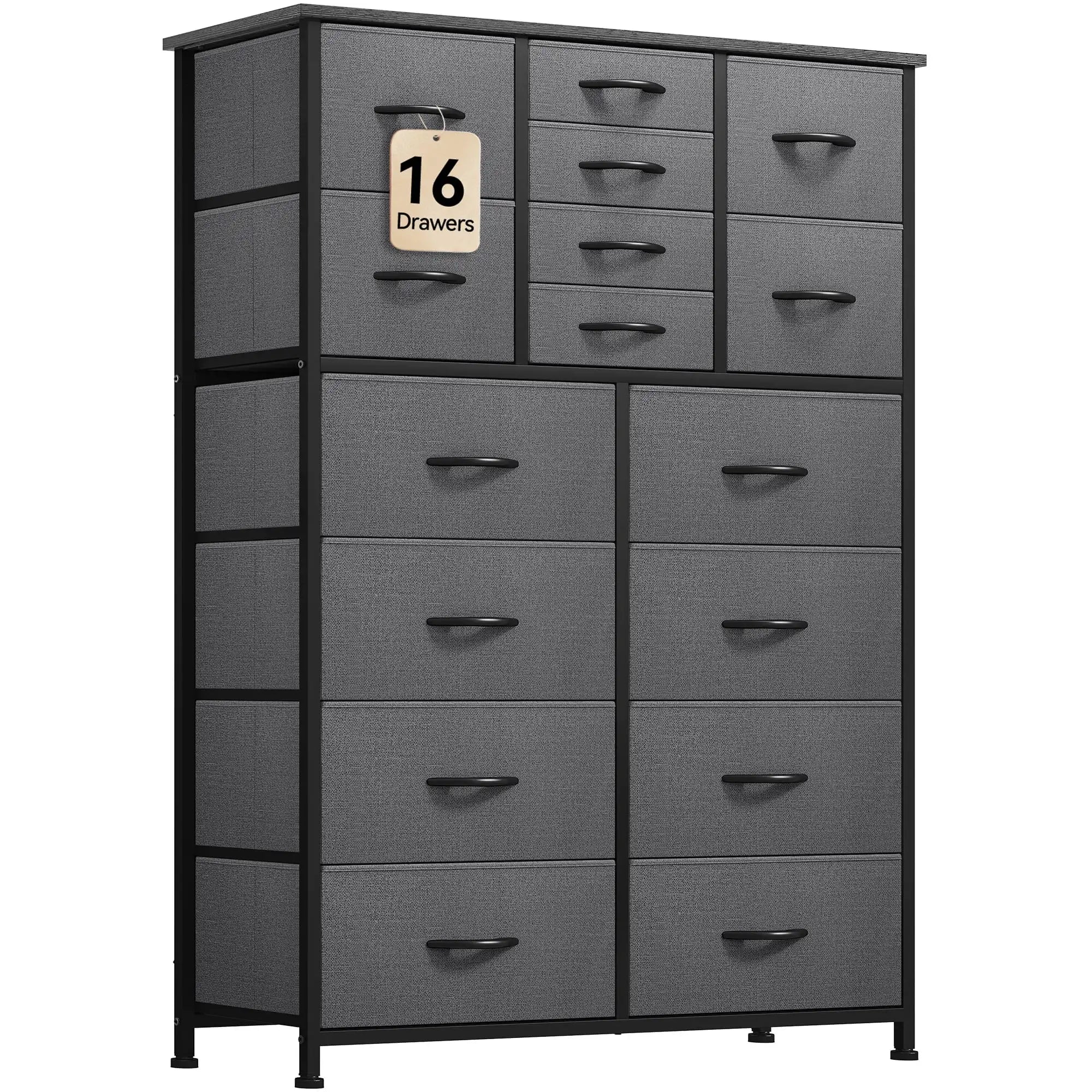 16-Drawer Fabric Dresser for Adults & Teens, Storage Chest for Bedroom & Closet – Black Gray