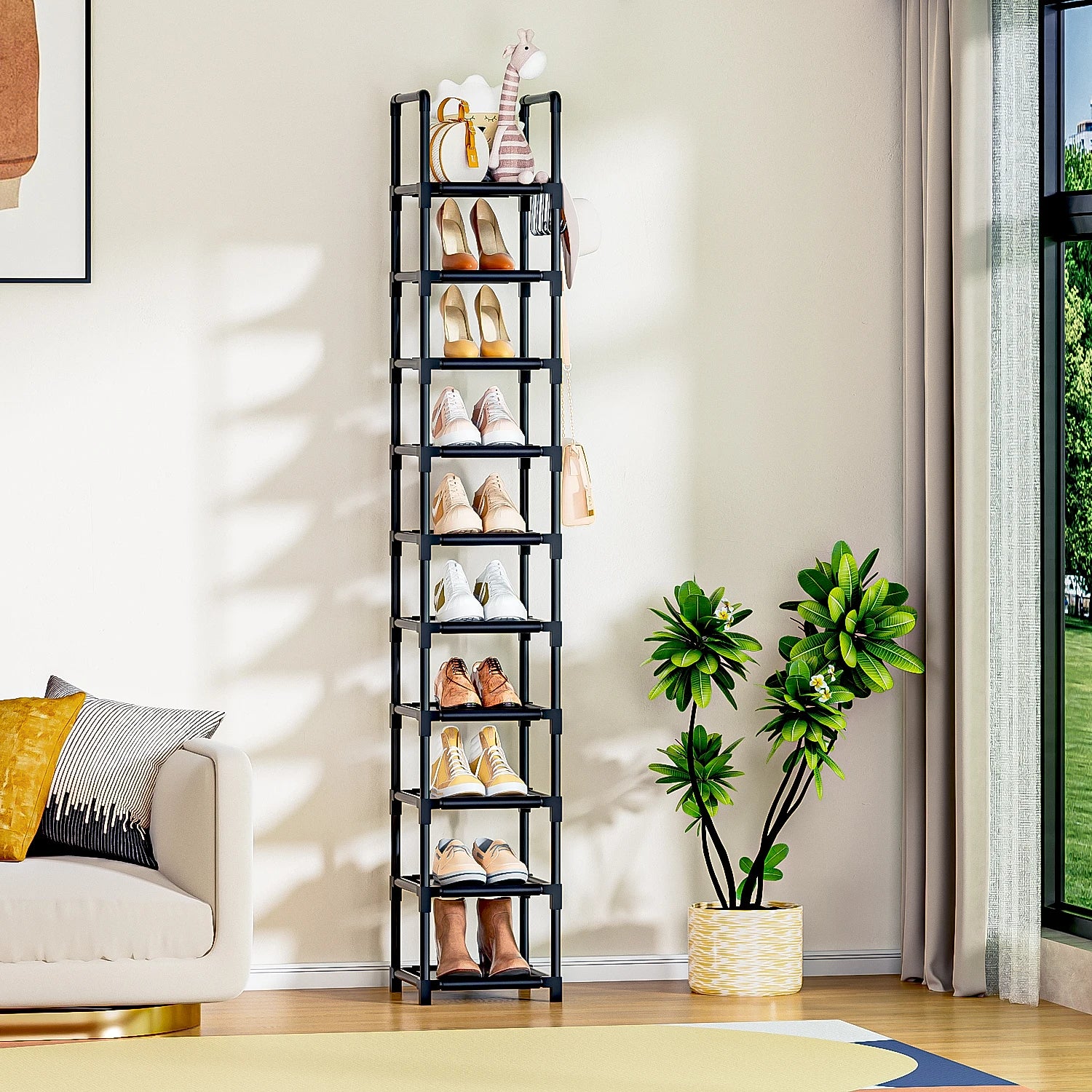 Tall Shoe Rack 10 Tiers, Sturdy Metal Space Saving Corner Shoe Rack Organizer For Closet, Entrance, Doorway, Garage, Living Room