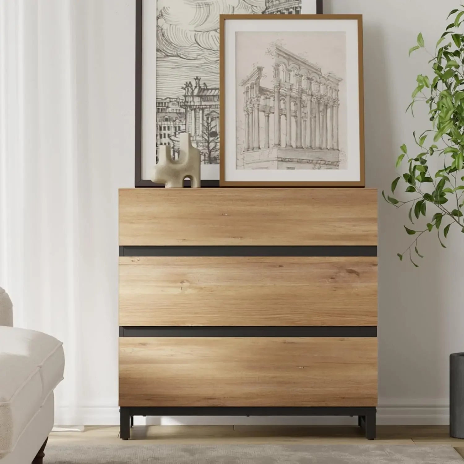 Dresser for Bedroom, Closet Organizers and Storage with 3 Drawers, Chest of Drawers with Metal Base, Modern Wood Dresser