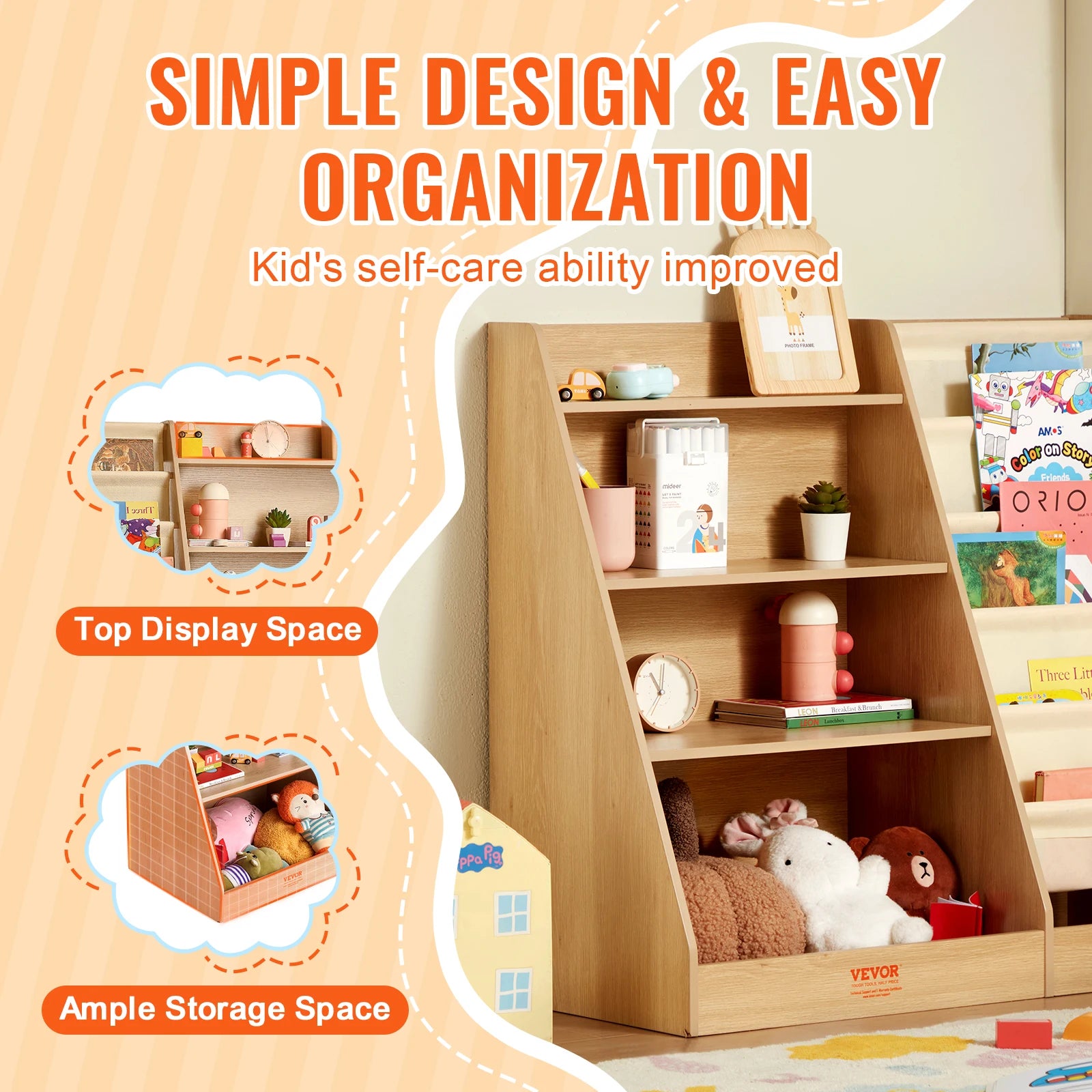 SucceBuy 4-Tier Kids Wooden Bookshelf 6-Layer Sling Bookcase Baby Storage Book Rack for Kids Room Playroom Kindergarten Nursery