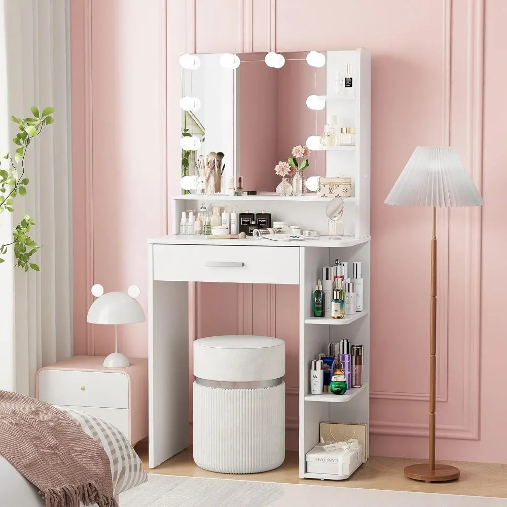 Makeup Vanity Desk with Mirror and Lights, 26.4”Small Vanity Mirror with Lights with Large Drawer and 6 Level Storage, White Van