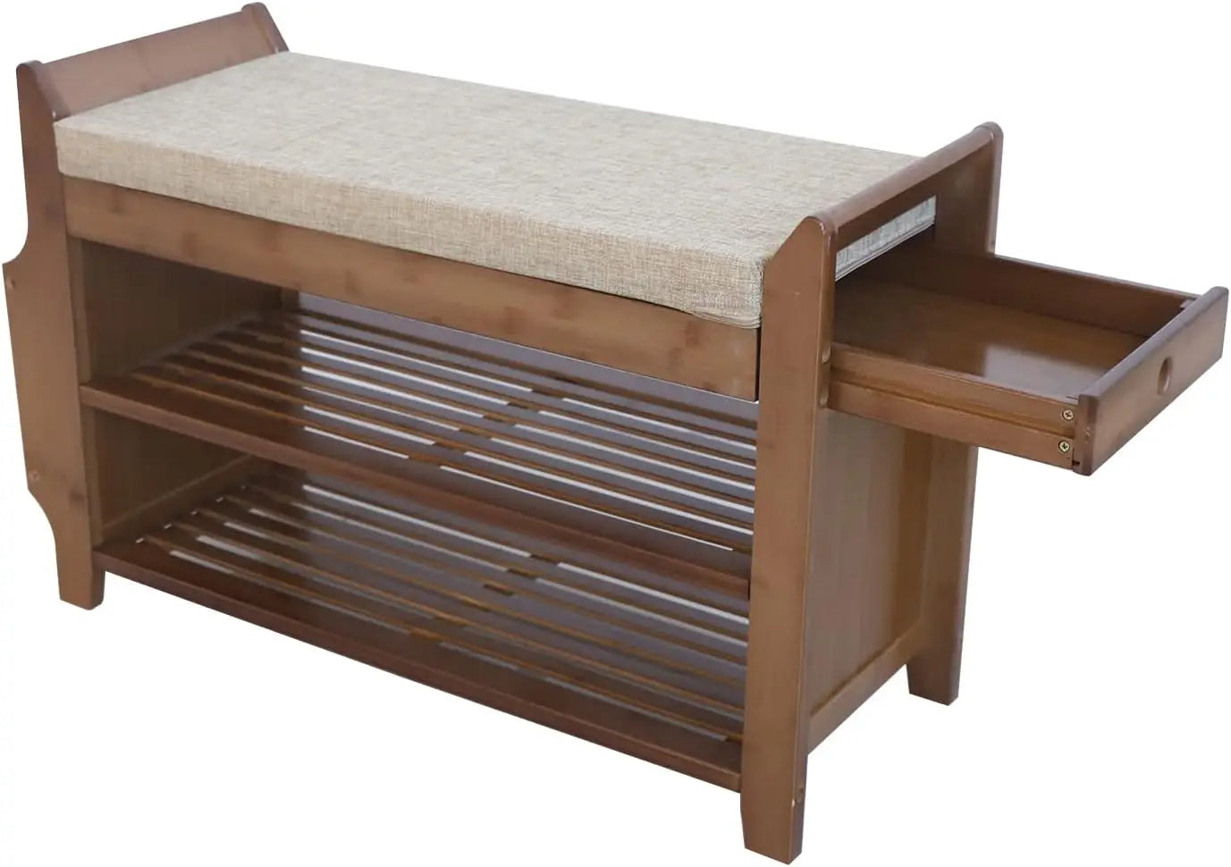 2Tier Shoe Rack Bench 31 Inch Entryway Bench with Storage Basket and Side Drawer Cushion Removable for Living Room Entrance Hall