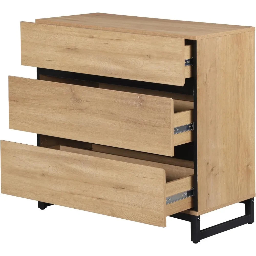 Dresser for Bedroom, Closet Organizers and Storage with 3 Drawers, Chest of Drawers with Metal Base, Modern Wood Dresser