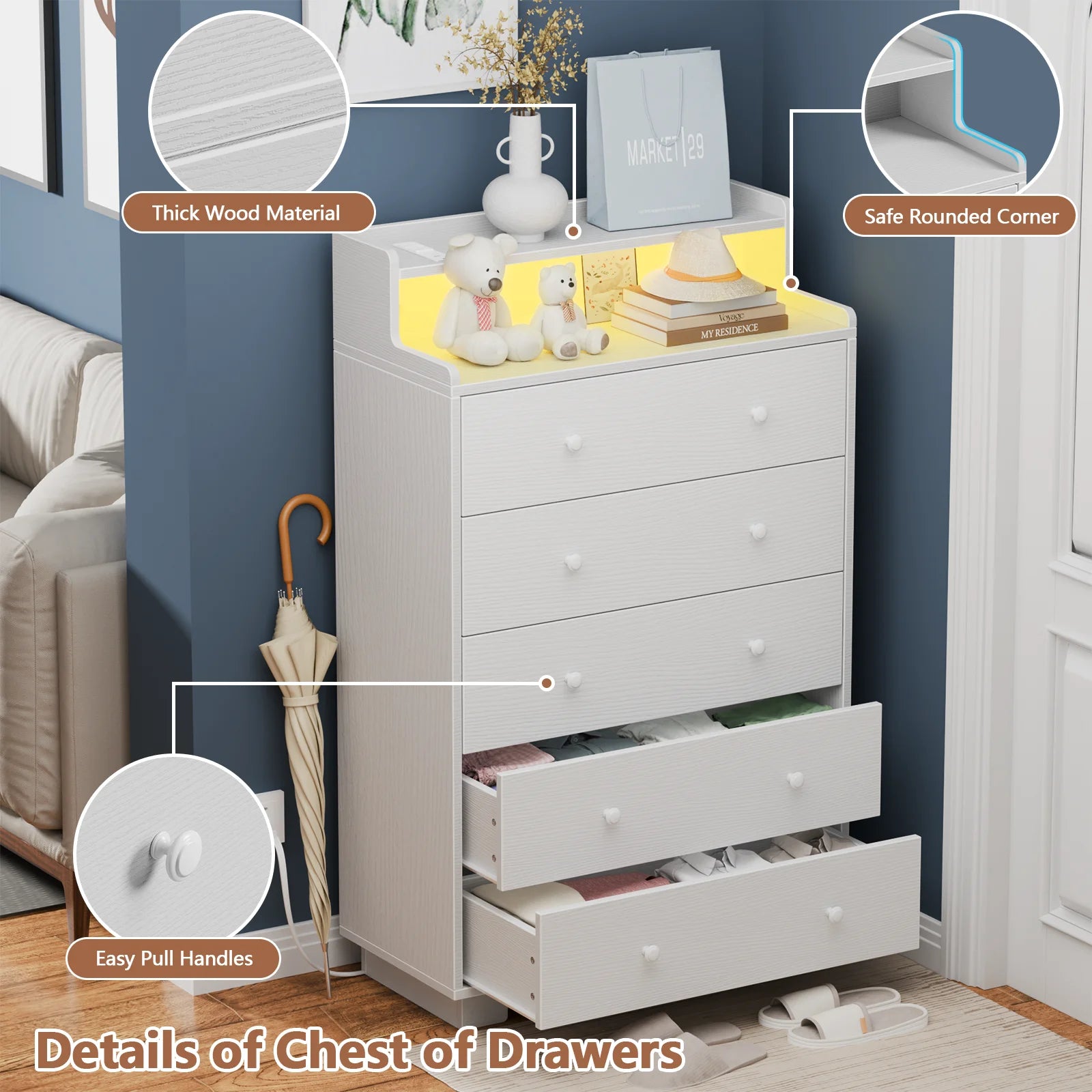 Satifur Tall Chest of Drawer for Bedroom,5 Drawer Dresser with Charging Station and LED Light,Wood Deep Slide Drawer for Clothes