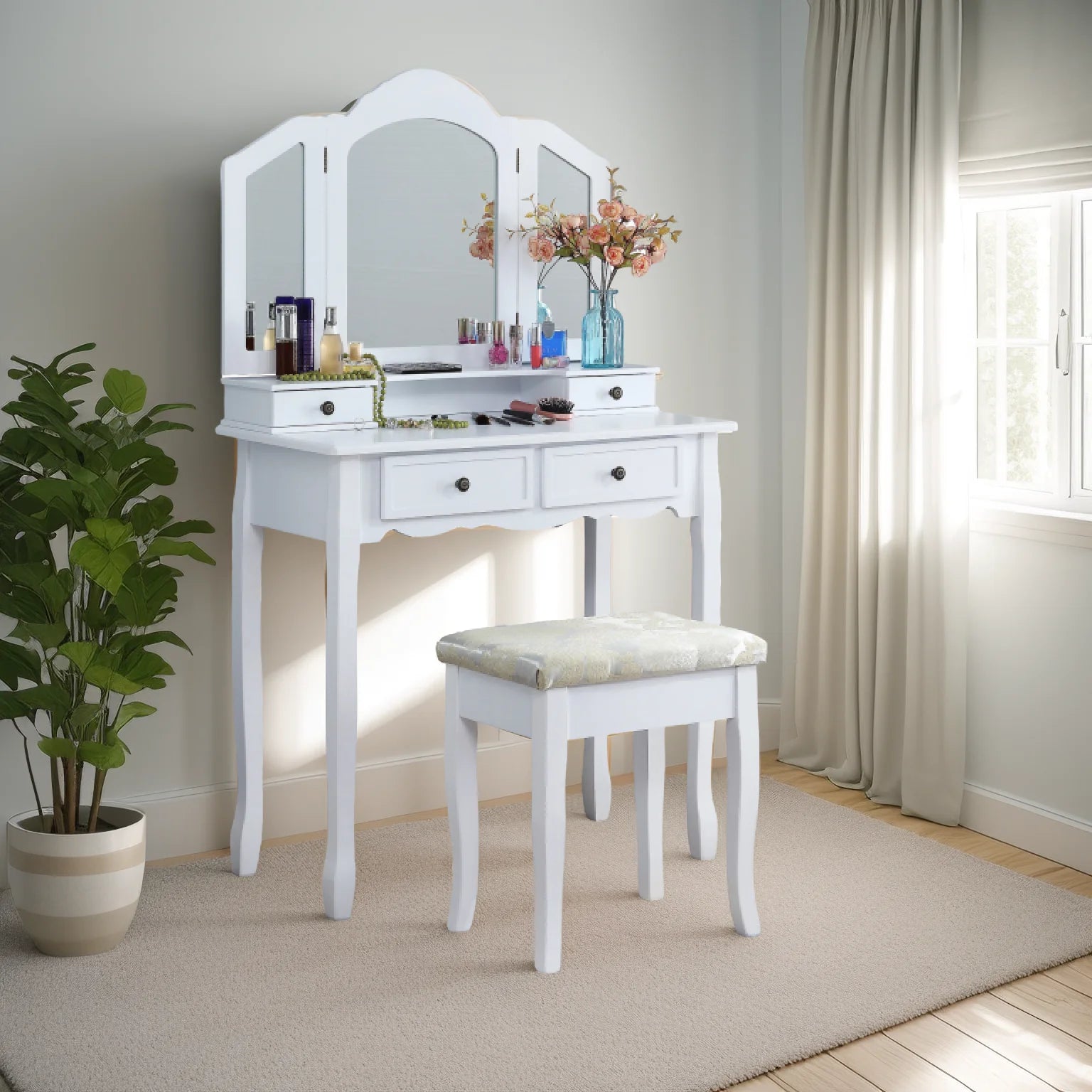 2-Piece White Makeup Vanity Set with 3-Panel Mirror and 4 Drawers Includes Rectangular Thick Cushion Bench for Bedroom