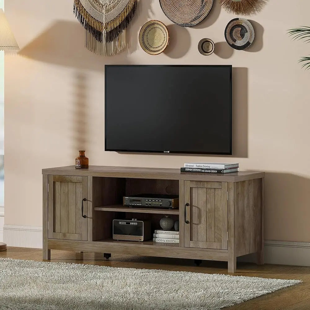 Farmhouse Tv Stand, Wood Grooved Door Entertainment Center With Storage Cabinets And Open Shelves, Rustic Media Console Up To