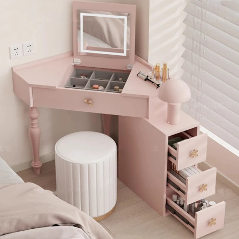 Flip Lights Storage Vanity Table Mirror Drawers Woman Small Cabinet Bedroom Dressers Girl Makeup Pink Coiffeuse Furniture Home