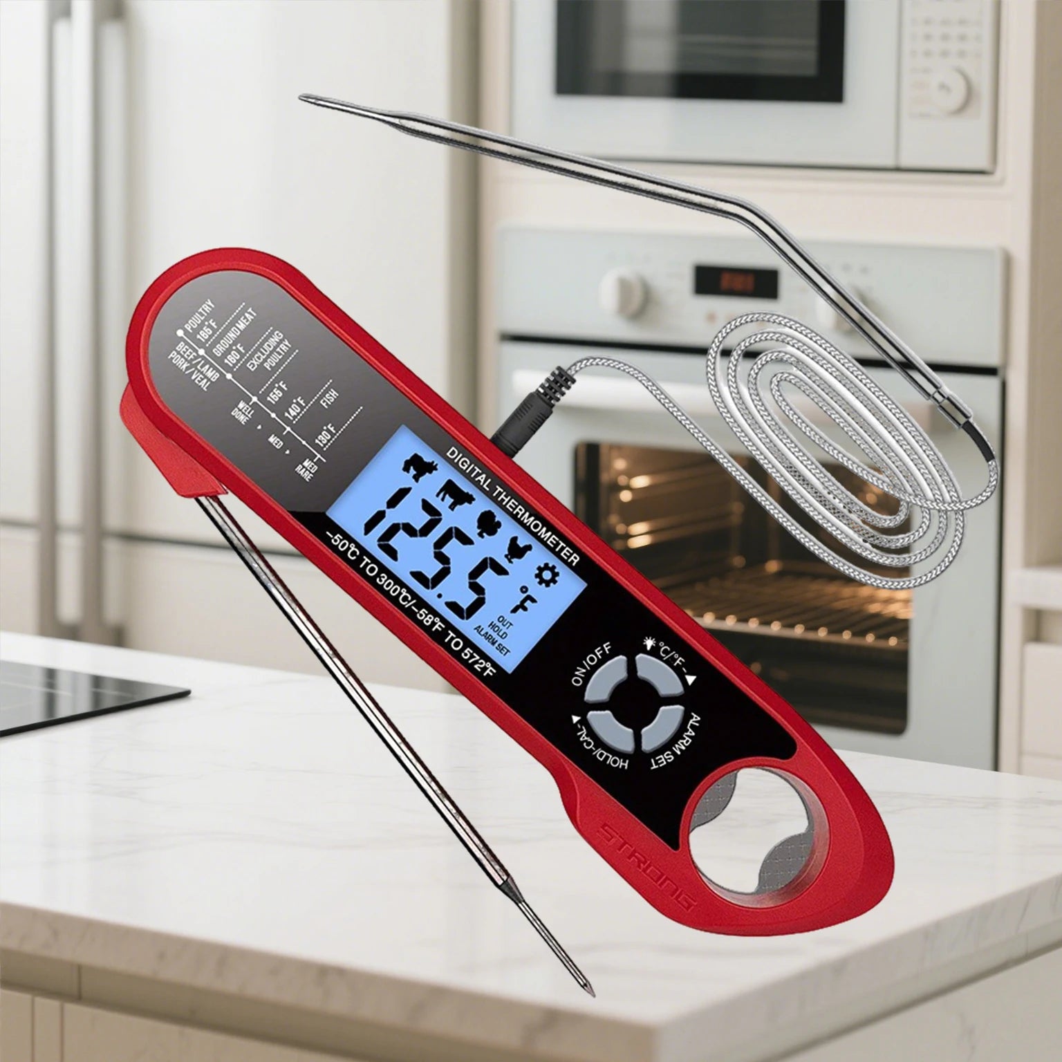 Dual-Probe Waterproof Digital Food Thermometer for Kitchen,Oven,Meat&Grilling-Rotating LCD Screen, Alarm Function & Fast Read