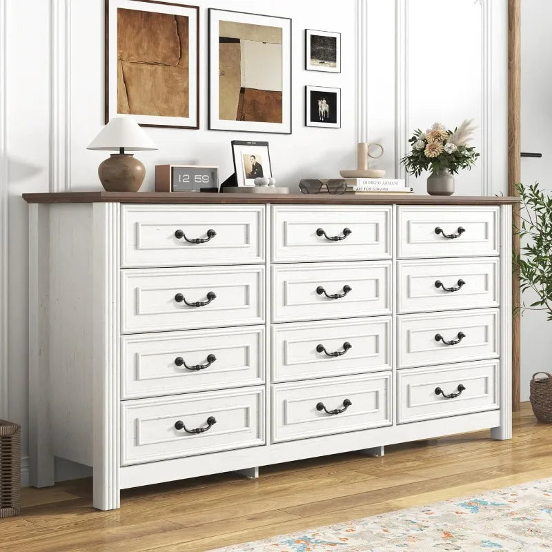 Farmhouse 12 Drawer Dresser for Bedroom, 63” Wood Dresser & Chest of Drawers with Rustic Handles, Wide Closet Dresser Organizer