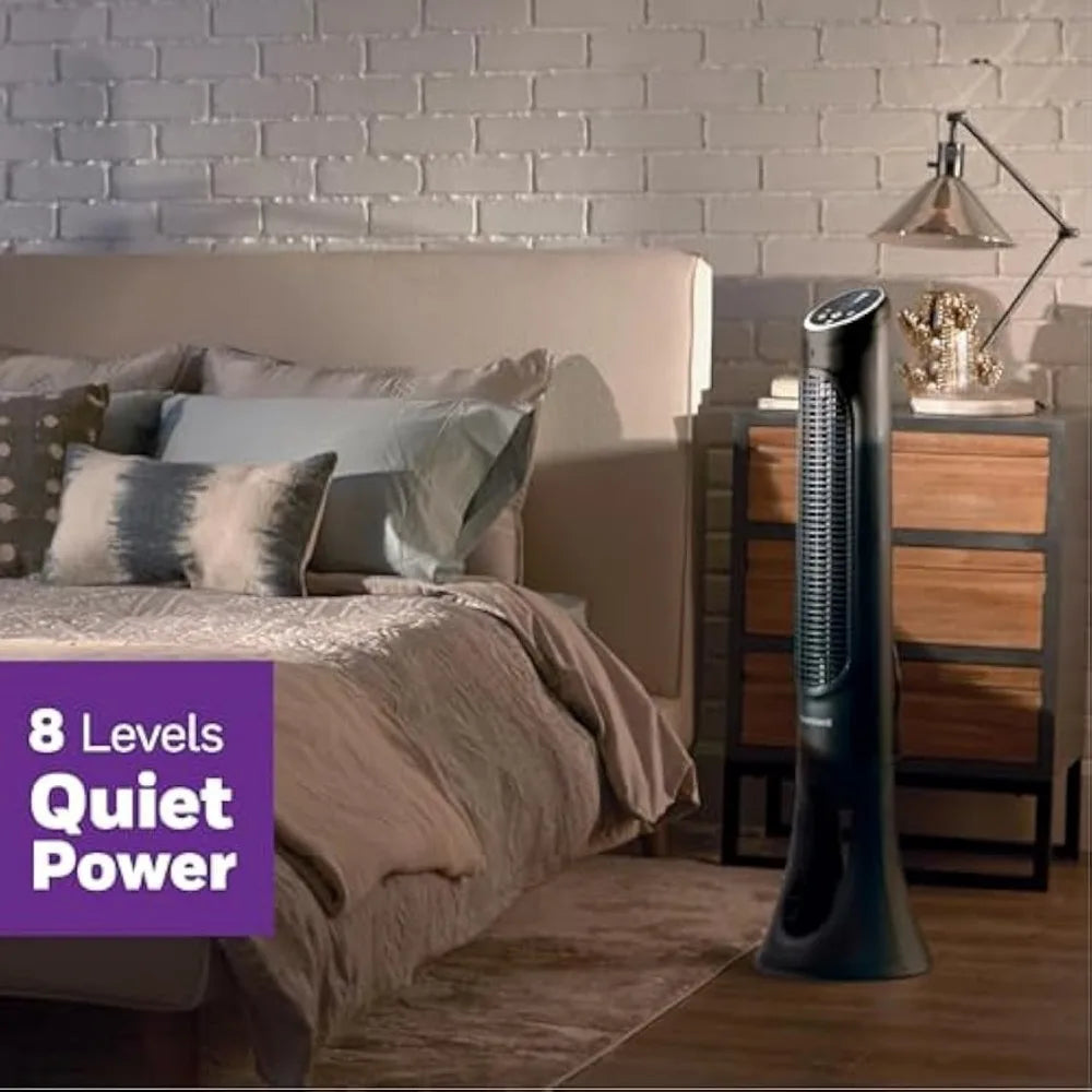 Whole Room Tower Fan-Black, Remote Control, nests in back of fan housing for easy storage, HYF290B