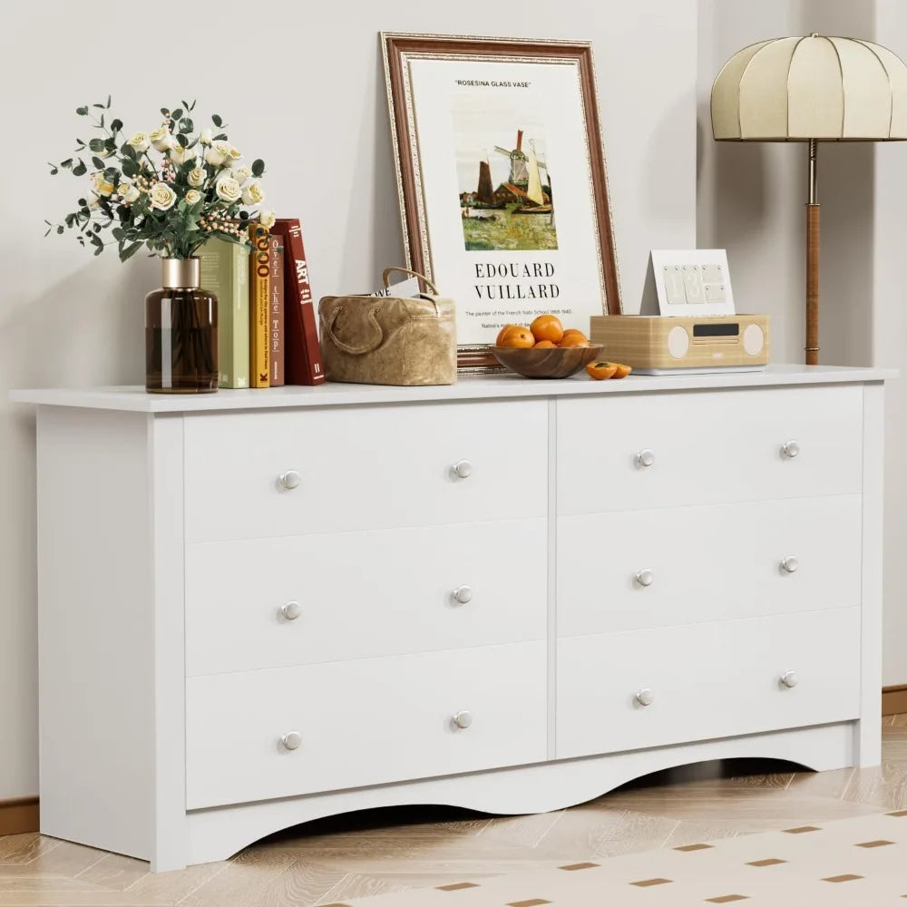 Dresser for Bedroom with 6 Drawer, Wood Wide Chest Storage Organizer and TV Stand for Living Room, Hallway, Dormitory