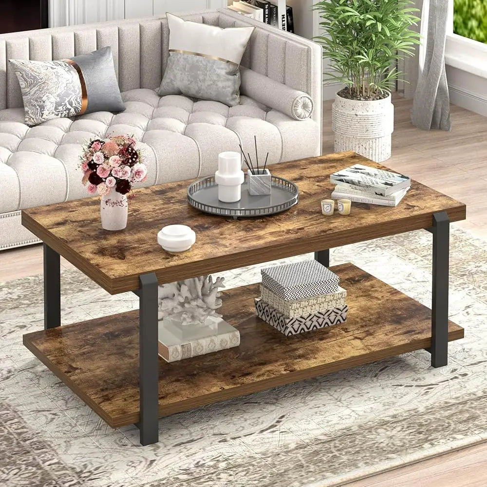 Modern Coffee Table, Rustic Wood Center Table With Storage For Living Room, Industrial Rec 2 Tier Low Cocktail Tea Table,