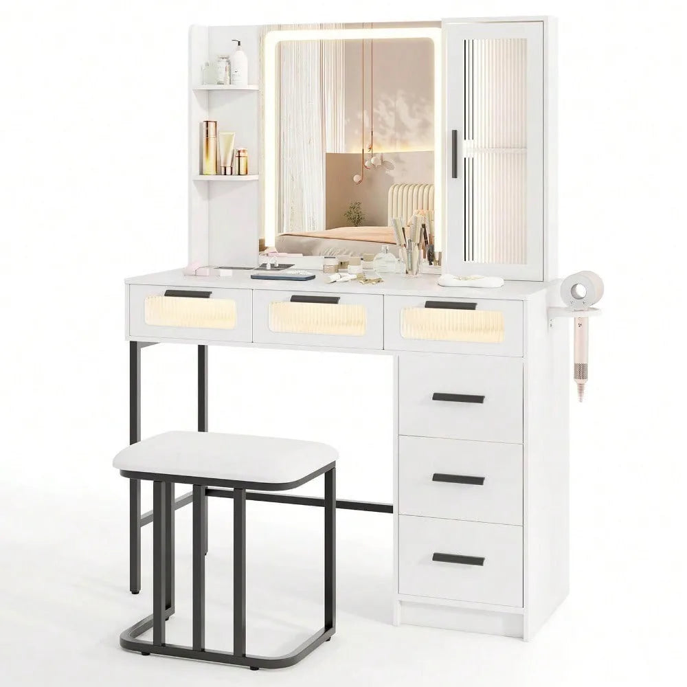 Vanity Desk w/ Mirror Induction Lighting 3-Color Lighting Modes