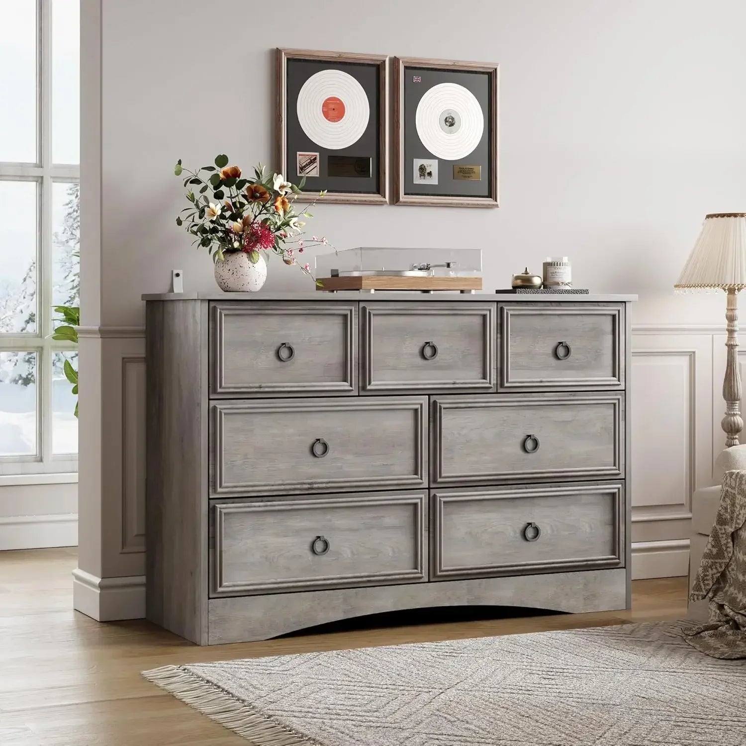 Modern 7 Drawer Dresser, Dressers, Chest of Drawers Closet Organizers , Textured Borders Living Room, Hallway, Gray