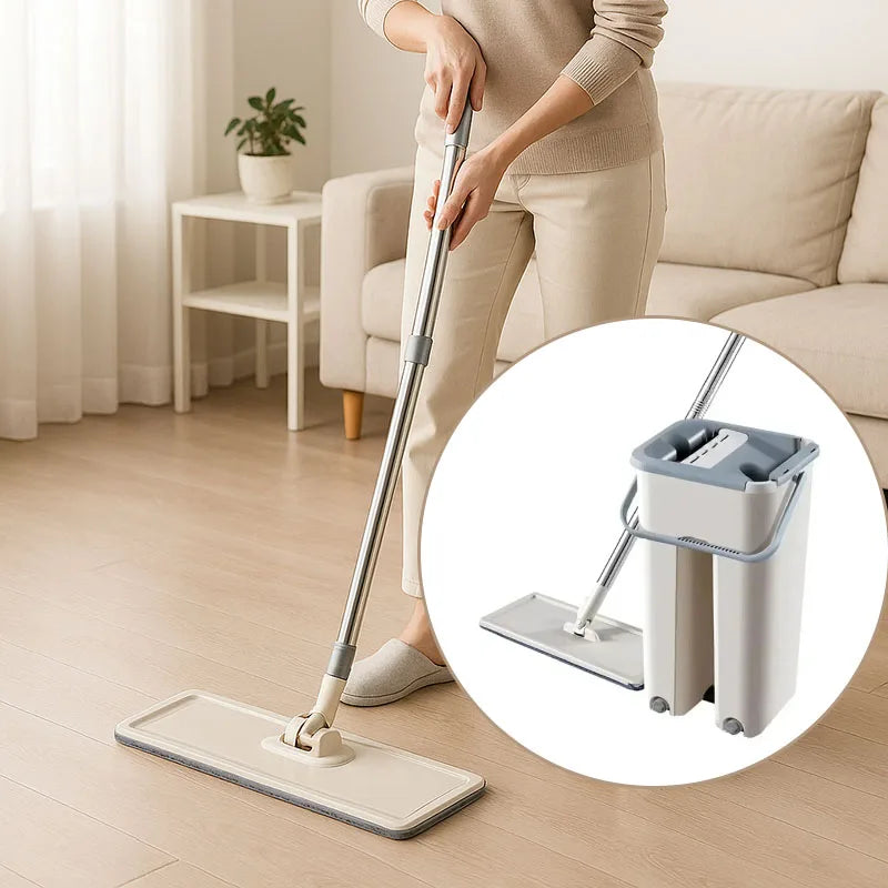 Efficient Flat Mop Set Rotating Head with Free Hand Wash Bucket for Wet Dry Use Bathroom Kitchen Microfiber Pads Cleaning Tool