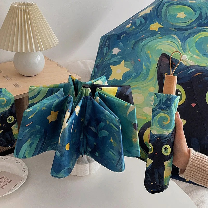 Cartoon Cat Green Folding Umbrella Professional Sun Protection And UV Protection Umbrella Dual use of Rain and Sunny Automatic