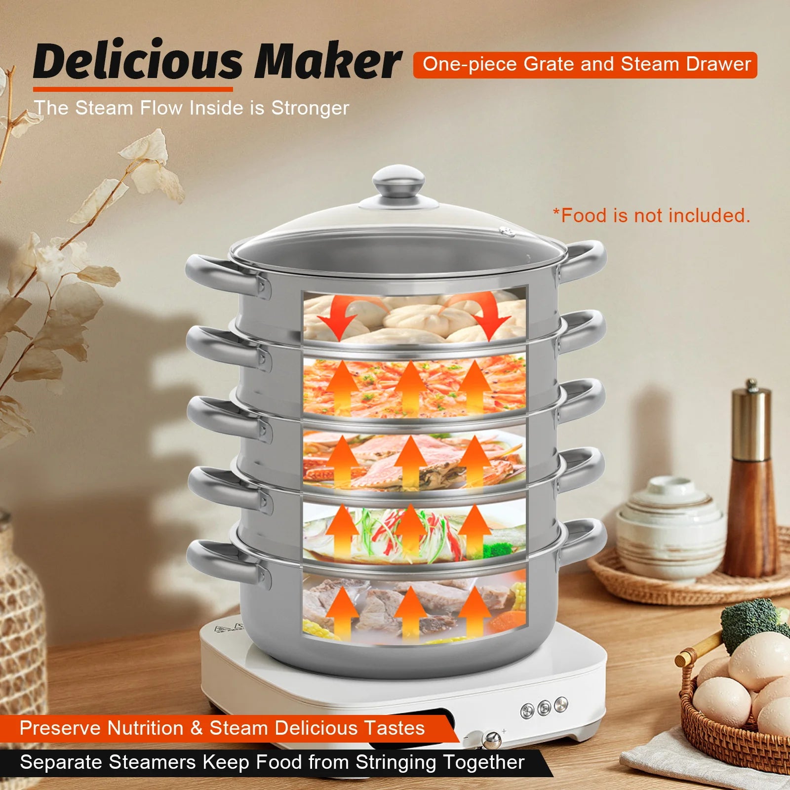 5 Tier Stainless Steel Steam Cooker Steamer Food Vegetable Pot Kitchen 26CM/28CM/30CM
