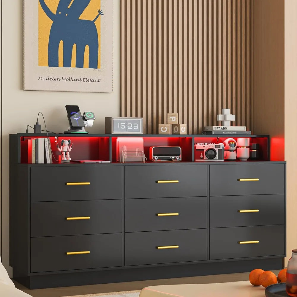 Black 9 Drawer Dressers for Bedroom, Modern Large Dresser with LED Light and Power Outlet, Wooden Long Dresser for Bedroom, Entr