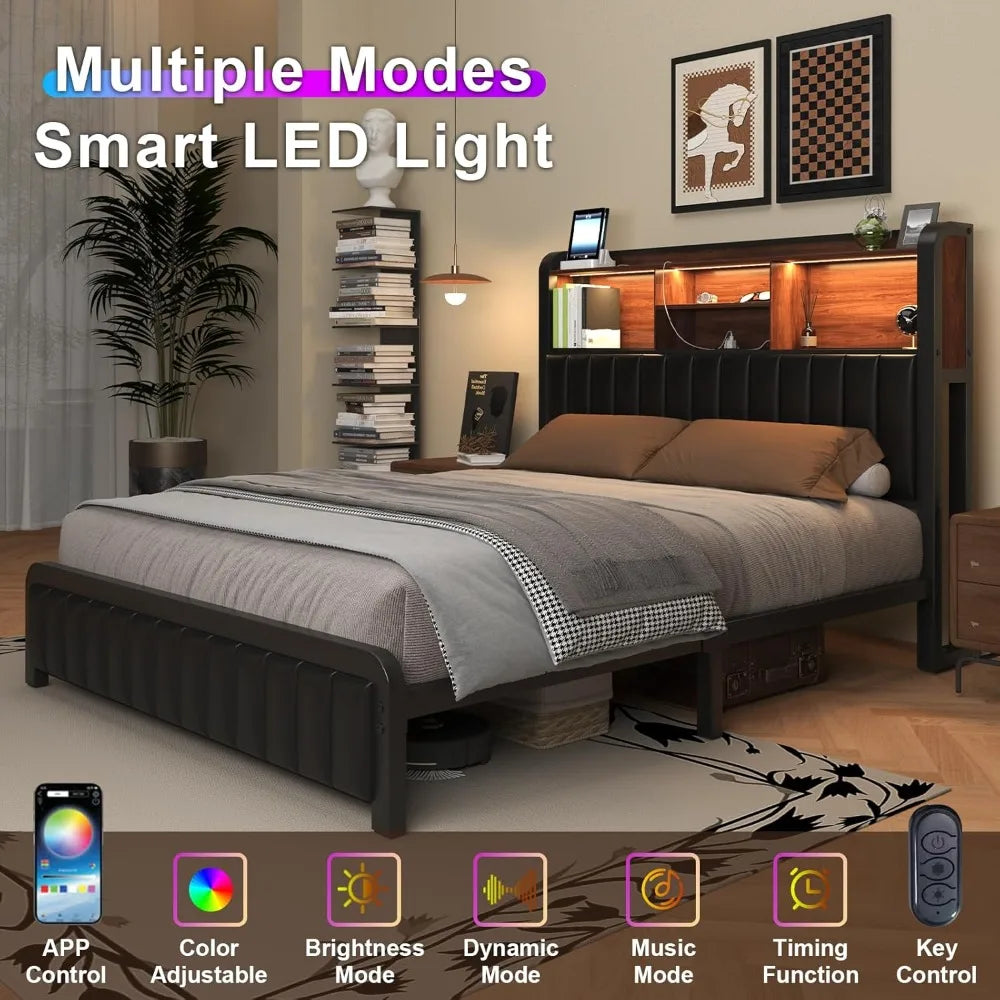 Full Bed Frame 54.3" Tall with 3-Tier Storage Headboard and PU Leather, Metal Platform Bed Frame with LED Lights and Charging