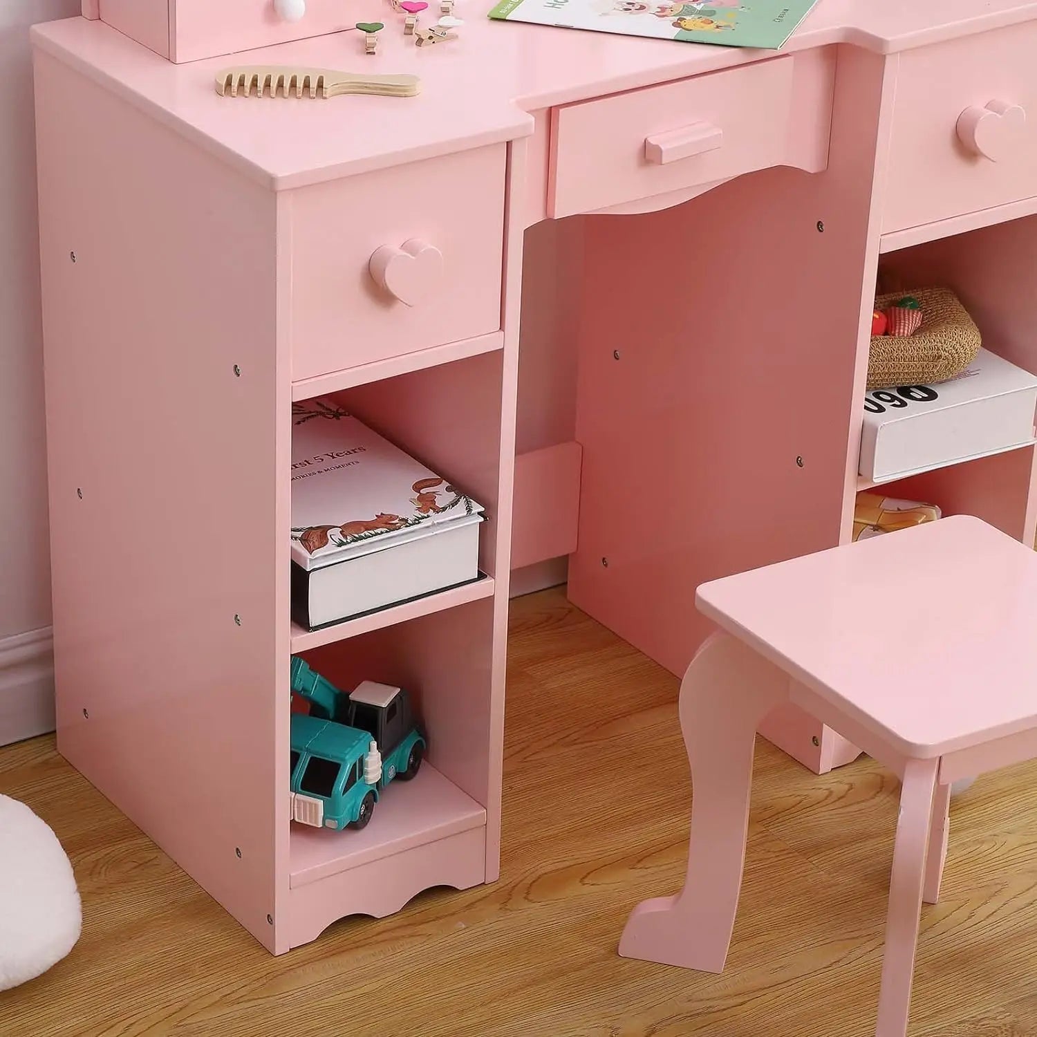 2 in 1 Wooden Princess Makeup Desk Dressing Table,Girls Vanity Table with Mirror, Light,Stool & Drawer