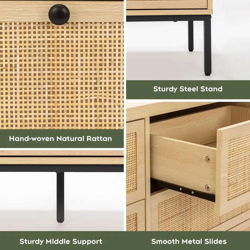 Natural Rattan 9 Drawer Dresser, 59" Wide Light Wood Chest of Drawers, Large Boho Oak Dressers with Smooth Metal Slides, Mid-ce