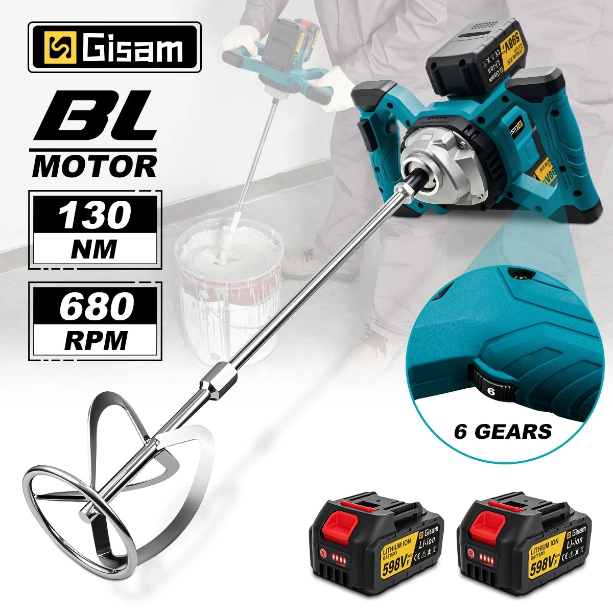Gisam 6Gears Cordless Electric Concrete Mixer Brushless Cement Mortar Plaster Mixer Blender Paint Mix For makita 18v battery pin