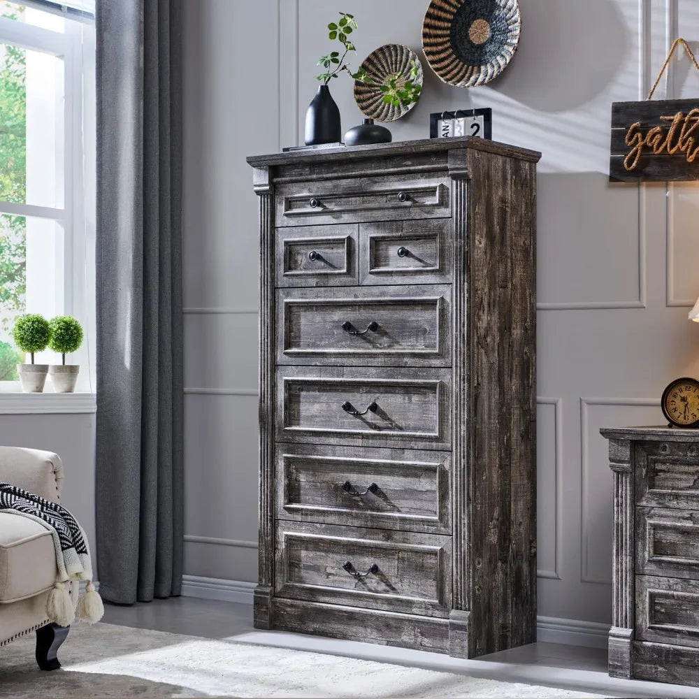 Farmhouse 7 Drawers Dresser for Bedroom, 57" Tall Large Dressers & Chests of Drawers w/Roman Column, Storage Dressers Organizer