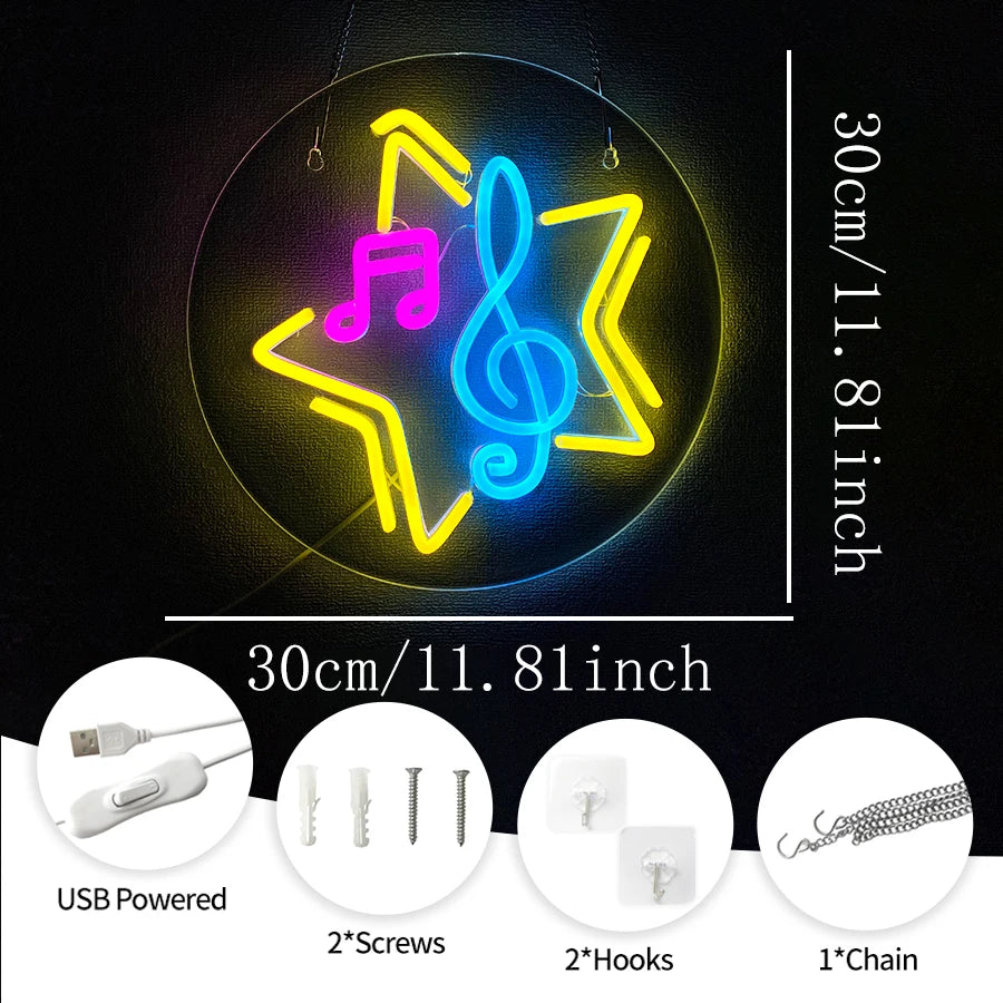 Note Neon Sign, Music Art Wall Led Sign Night Light, Usb Power Supply, Five-Pointed Star Sign, Bar, Music Room Decoration.