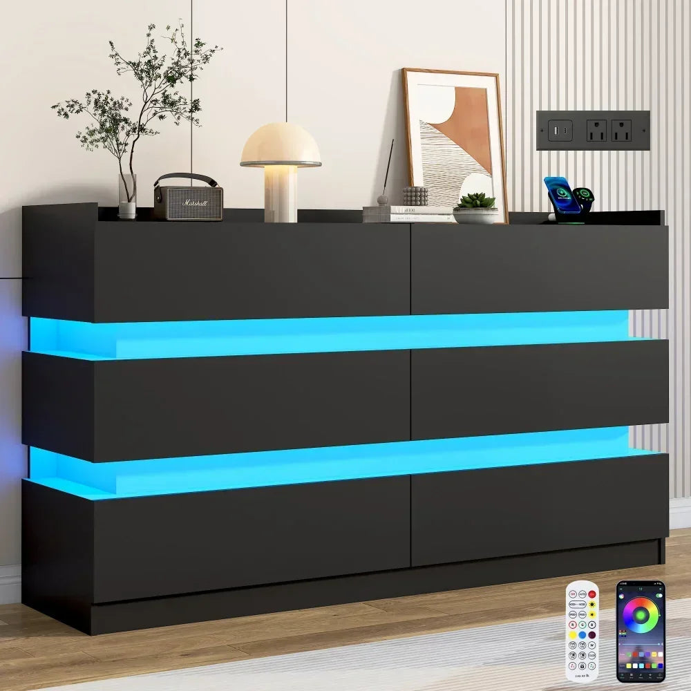 6 Drawer Dresser with 60000-color LED Lights & Power Outlet, 59'' Long Modern Chest of Drawers for Closet, Handle Free