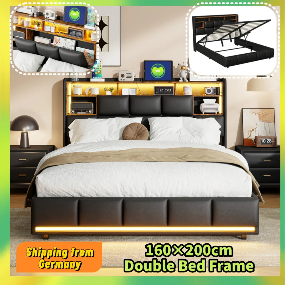 Comanlai 160x200cm Upholstered Bed with LED Lights,Headboard with Storage and USB Charging Port,Hydraulic Storage Bed,PU Leather