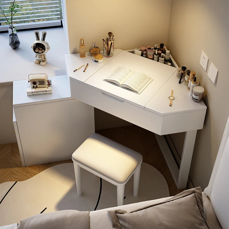 Solid Wood Triangle Corner Vanity Table with Mirror Makeup Vanity Desk Makeup Dresser with Drawers and Shelves Bedroom Furniture