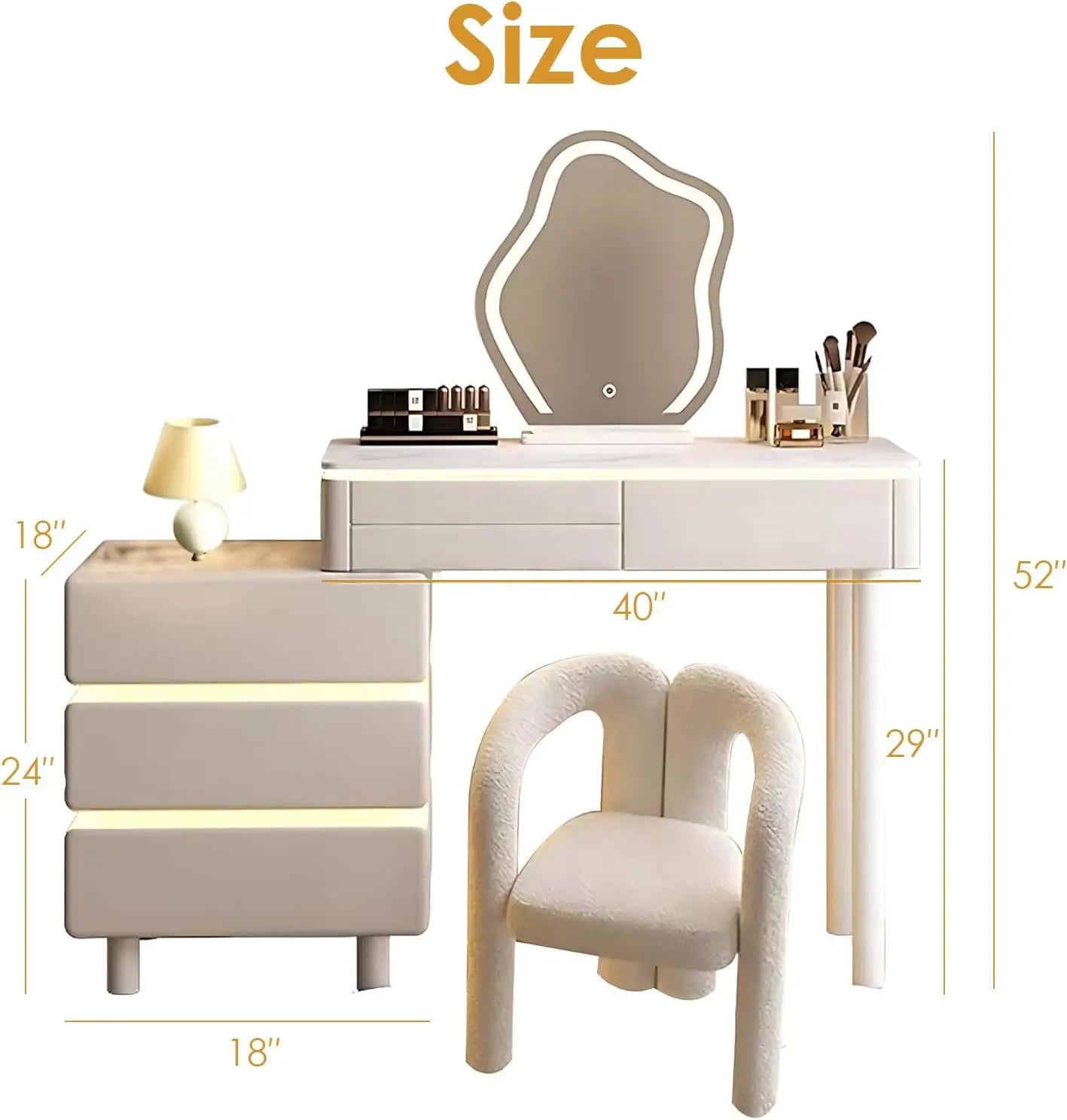 Vanity Desk Modern Vanity Table with Smart LED Mirror Minimalist Vanities Set Includes Expandable Side Cabinet with Wraparound L