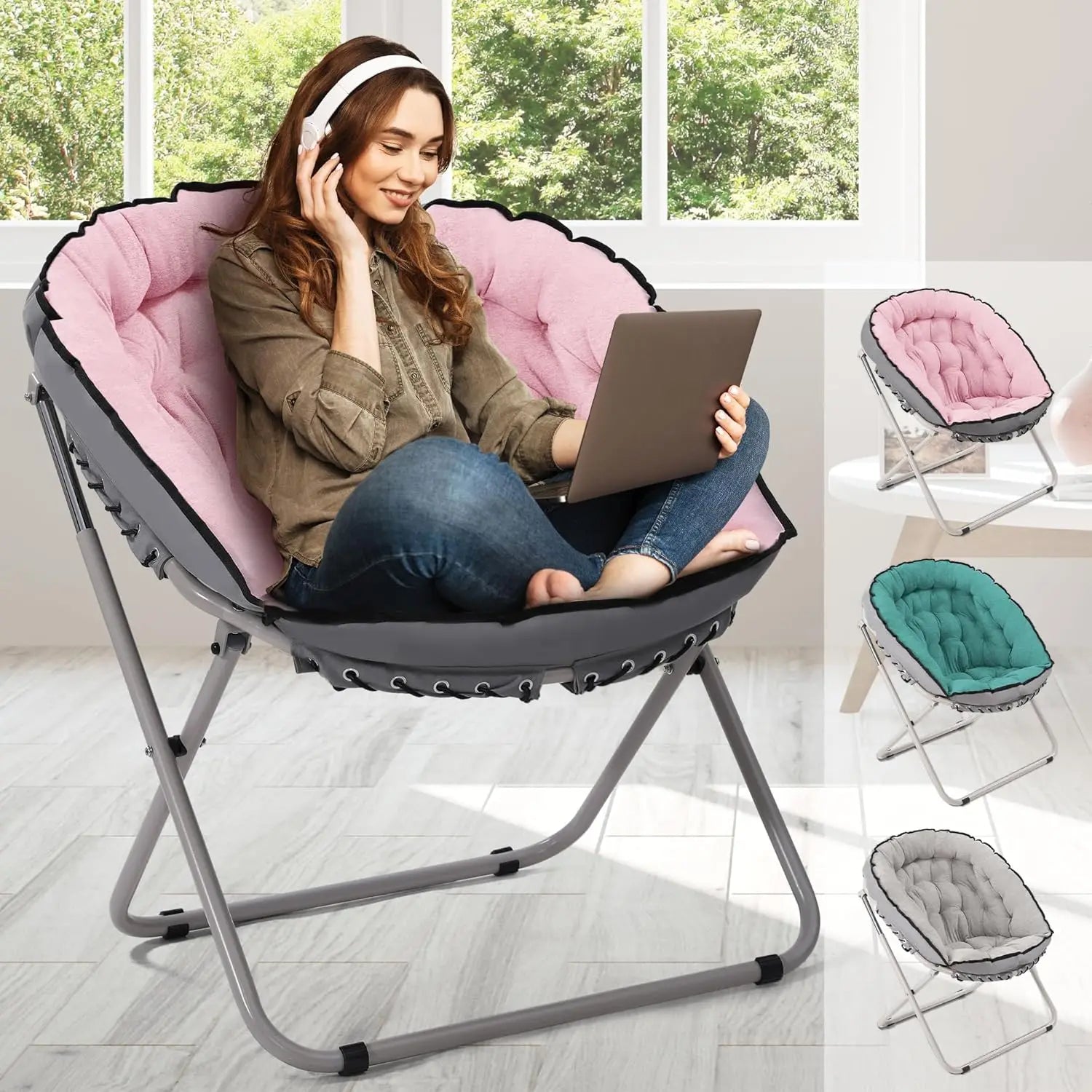 Folding Saucer Chair For Adults, Teens, Kids, Ideal For Living Room, Bedroom, Small Spaces, Lounge, Dorm, Reading, No Assembly