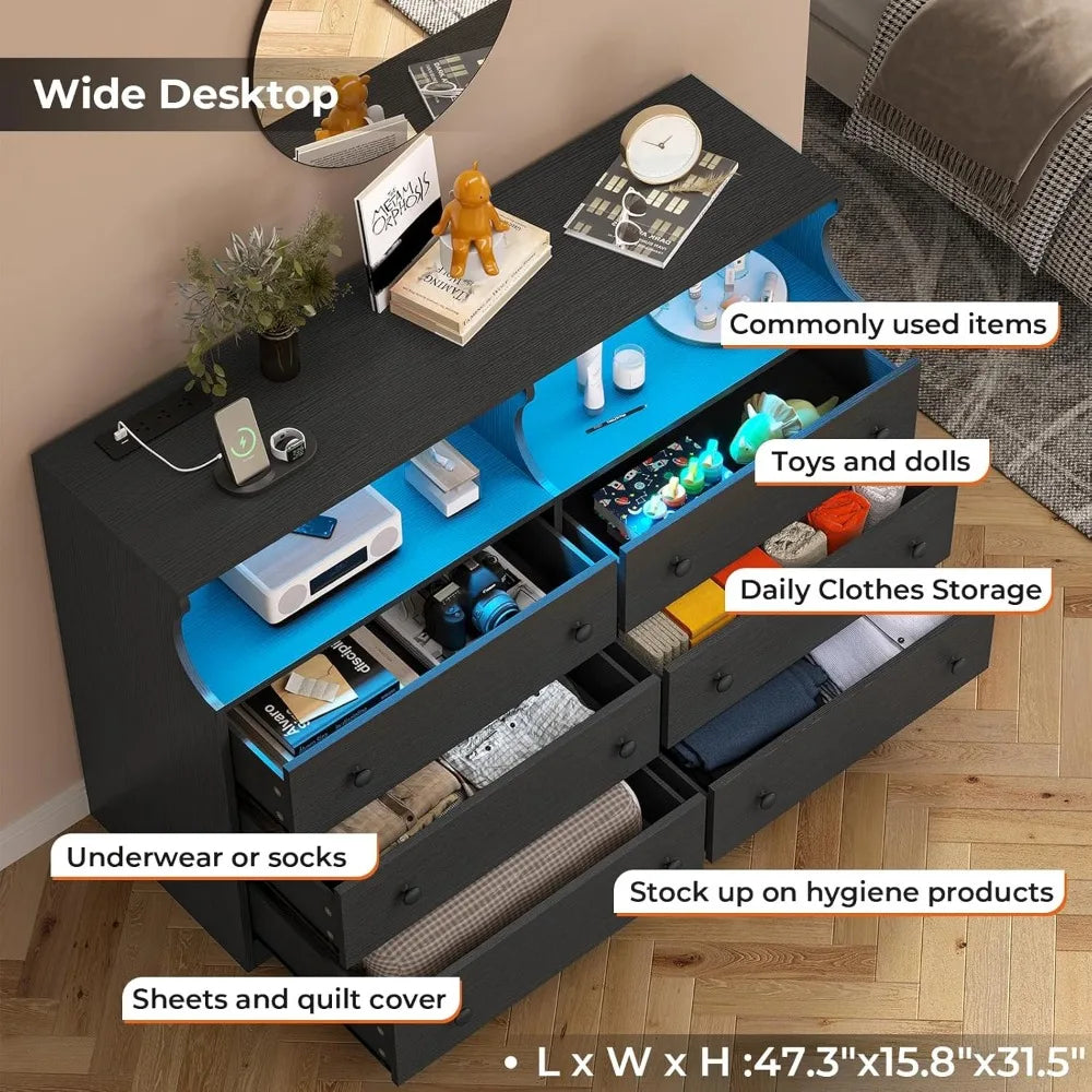 6 Drawer Dresser with LED Lights and Charging Station, Wide Chest of 6 Drawers with Open Space, Modern Large Capacity Storage C