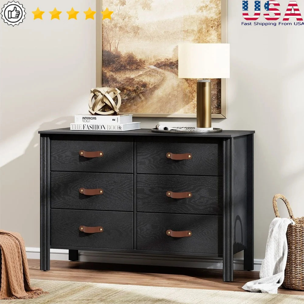 Modern 6 Drawer Dresser Storage Chest Stylish Black Fabric Drawers Sturdy MDF Frame Multipurpose Console Table Bedroom Living