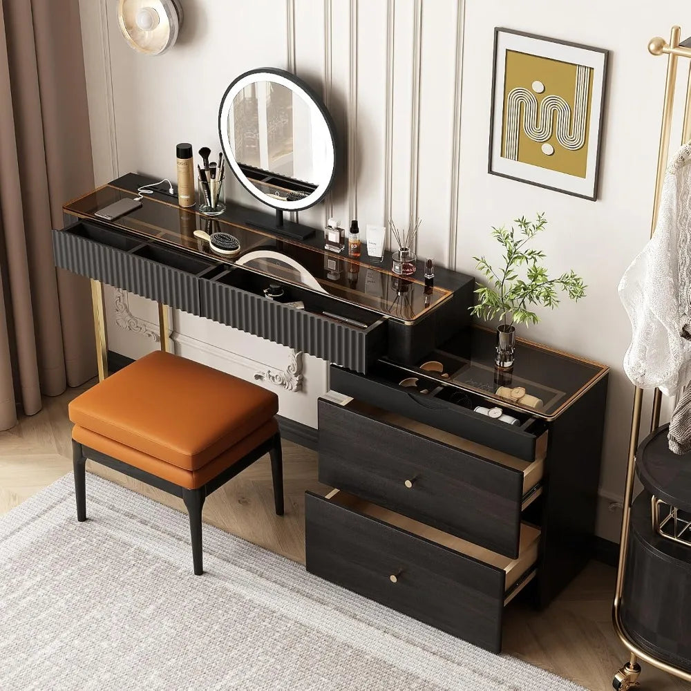 Makeup Vanity with Stool, Very Easy to Assemble,Retractable TV Cabinet Combination, Dressing Table Desk in one