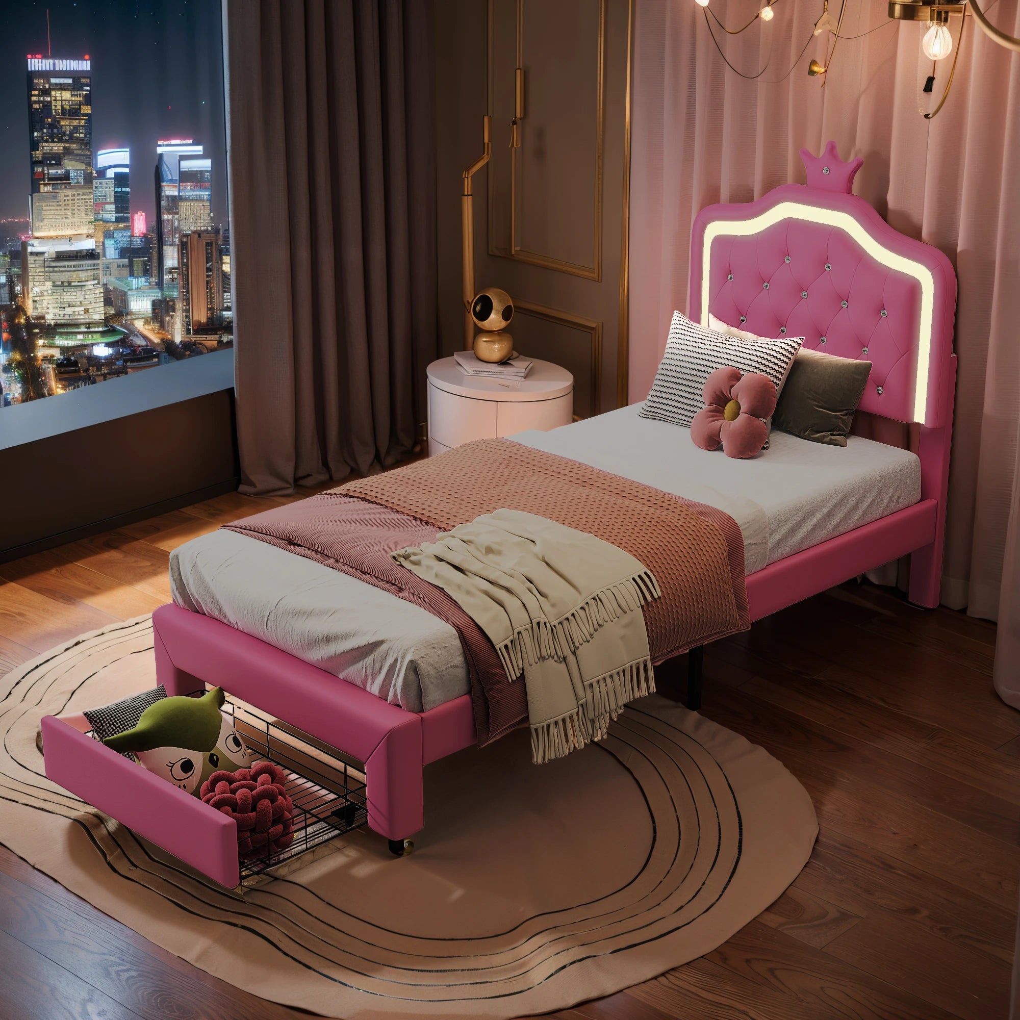 Children bed,90*200cm Flat single bed, crown shaped princess bed, soft PU leather upholstery, adjustable LED ambient light strip