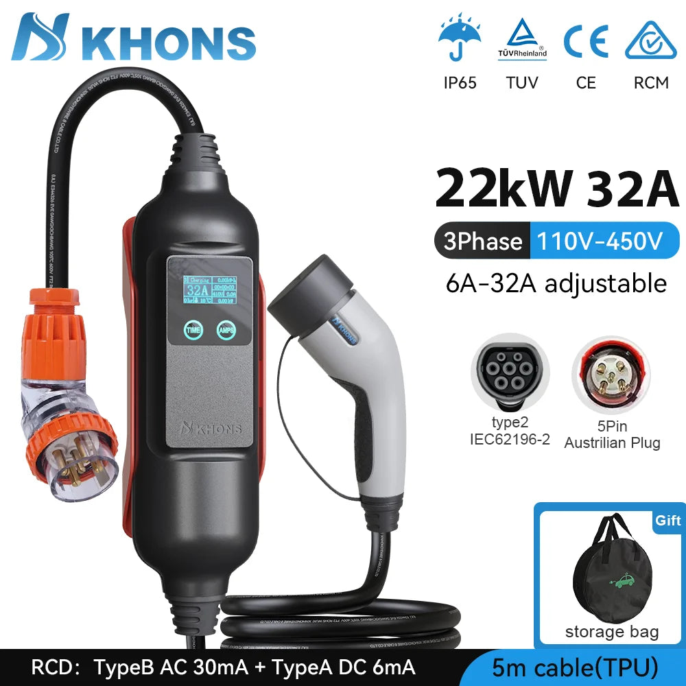 Khons Type2 EV Charger 22kw 32A Three-Phase Portable EV Charger EVSE Wallbox With Australian Industrial Plug For BYD Tesla Cars